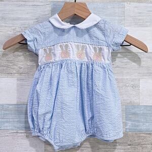 LuLu Bebe Seersucker Easter Bunny Romper Blue Peter Pan Collar Smocked Baby 9M